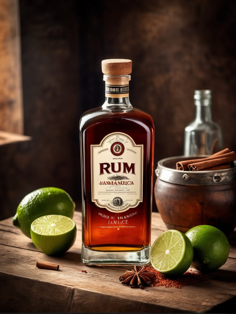 professional photo of a rum vintage bottle on a rustic table surrounded by lime, cinnamon Jamaica pepper, dramatic light