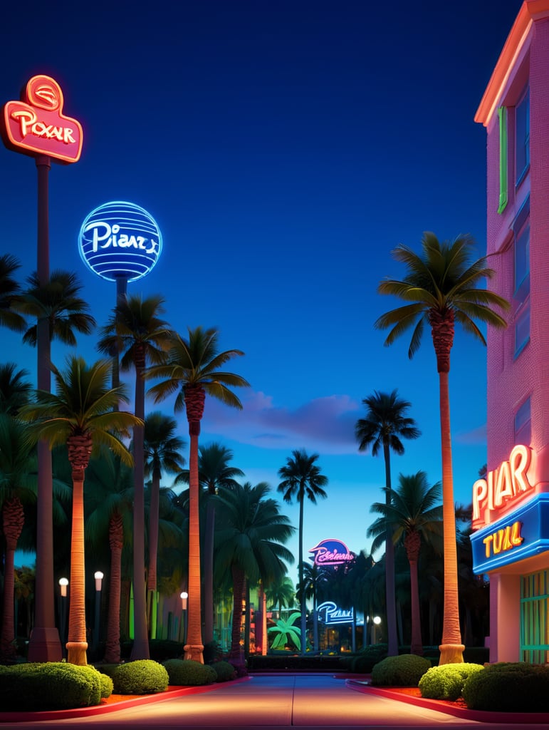 Miami, 1984, neon lights, palm trees