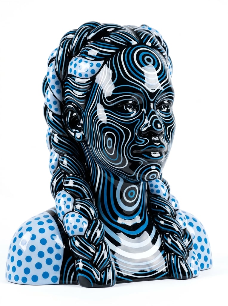 A highly polished, glossy ceramic sculpture of a woman with braided hair positioned against a stark, pure white background. The entire three-dimensional figure functions as a seamless canvas for elaborate, high-contrast surface patterns restricted to a distinct color palette of pitch black, vibrant cerulean blue, pale powder blue, and crisp white. Swirling, undulating white and blue contour lines map the organic topography of her face and trace the interwoven strands of her thick braids over a deep black base. Specific anatomical sections, such as her shoulders and alternating segments of her hair, are blocked out in pale powder blue filled with densely packed, solid cerulean polka dots. Concentric circular motifs and bold, sweeping stripes wrap around her neck and forehead, emphasizing the sculptural volume of the figure. The ultra-smooth, glass-like surface reflects pristine studio lighting, creating sharp, elongated white specular highlights that curve prominently across her cheekbones, jawline, and the raised ridges of her braided hair, isolating the vibrant, vividly patterned form within a pristine white void.