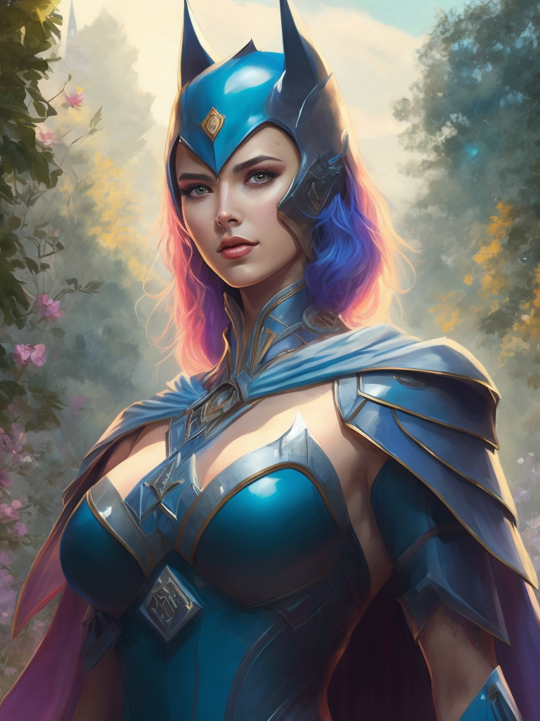 fairytale batman, Marty Bell, openwork veranda, day, sunlight, blue sky, lawn, pastel colors, transparent colors, pink, blue, purple, green, white