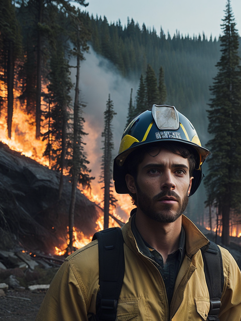 epic portrait of a Firefighter, forest fire, British Columbia Wildfire, Canada