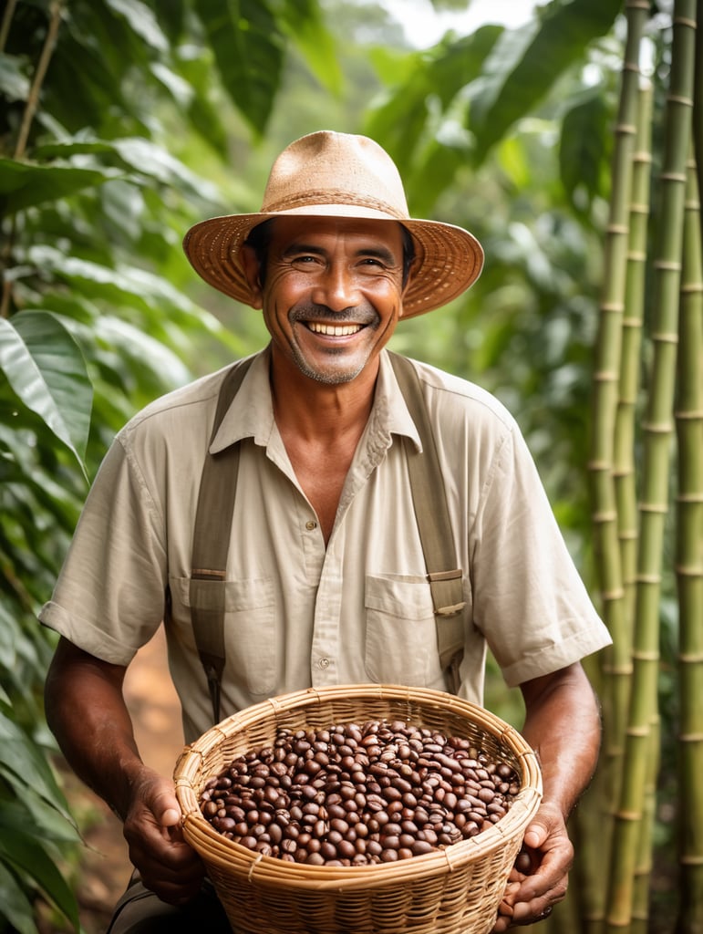 smiling brazilian coffee farmer holding coffee beans in bamboo basket, coffee lover, farm life, coffee harvesting, coffee beans, coffee plantation, fresh harvest, coffee production, handmade coffee, enjoying coffee,