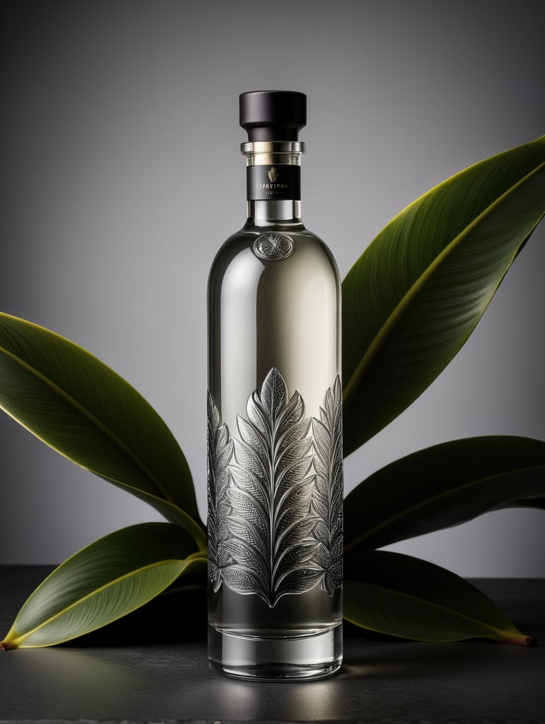 Tall minimalist glass banana vodka bottle design with a texture of closely spaced vertical lines with vibrant colors for a luxury matte black perfume with a shape inspired by vodka bottles. On a dark gray background. Packaging and branding for a banana vodka brand, a set design with banana, and banana leaves.