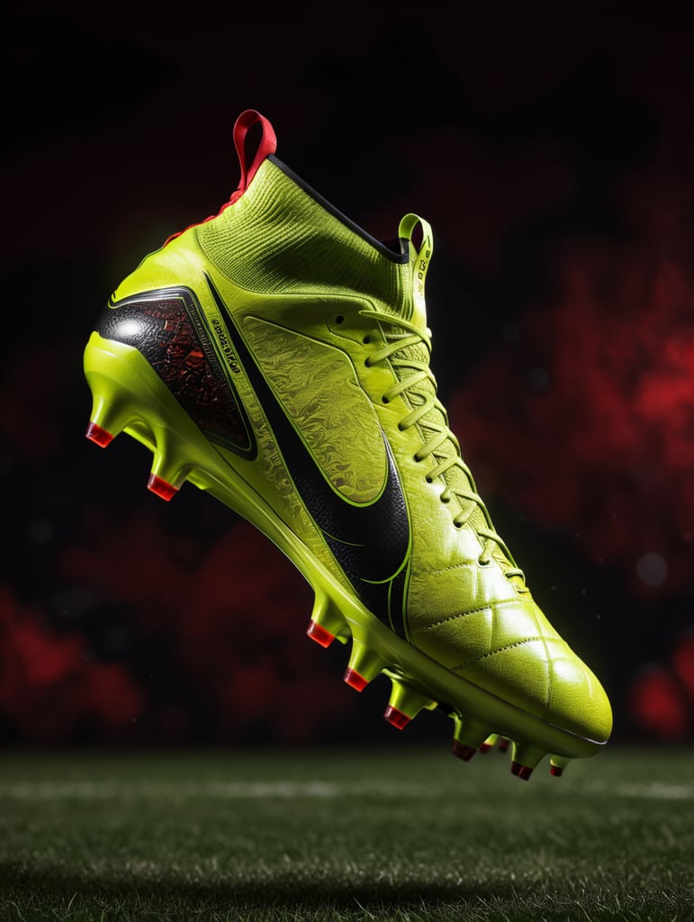 Completely black football boots and a red background