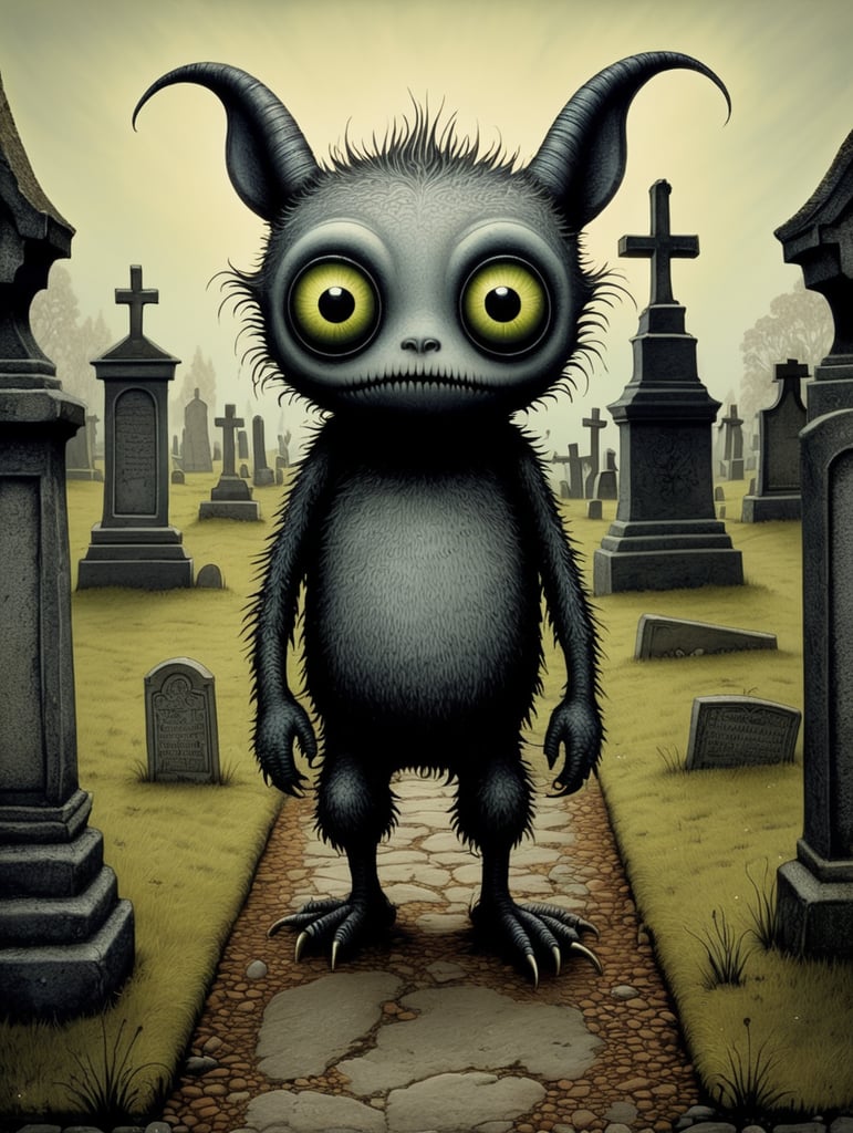 John Kenn Mortensen style ground level shot, incredibly detailed front shot painting of a cute whimsical monster in a graveyard,