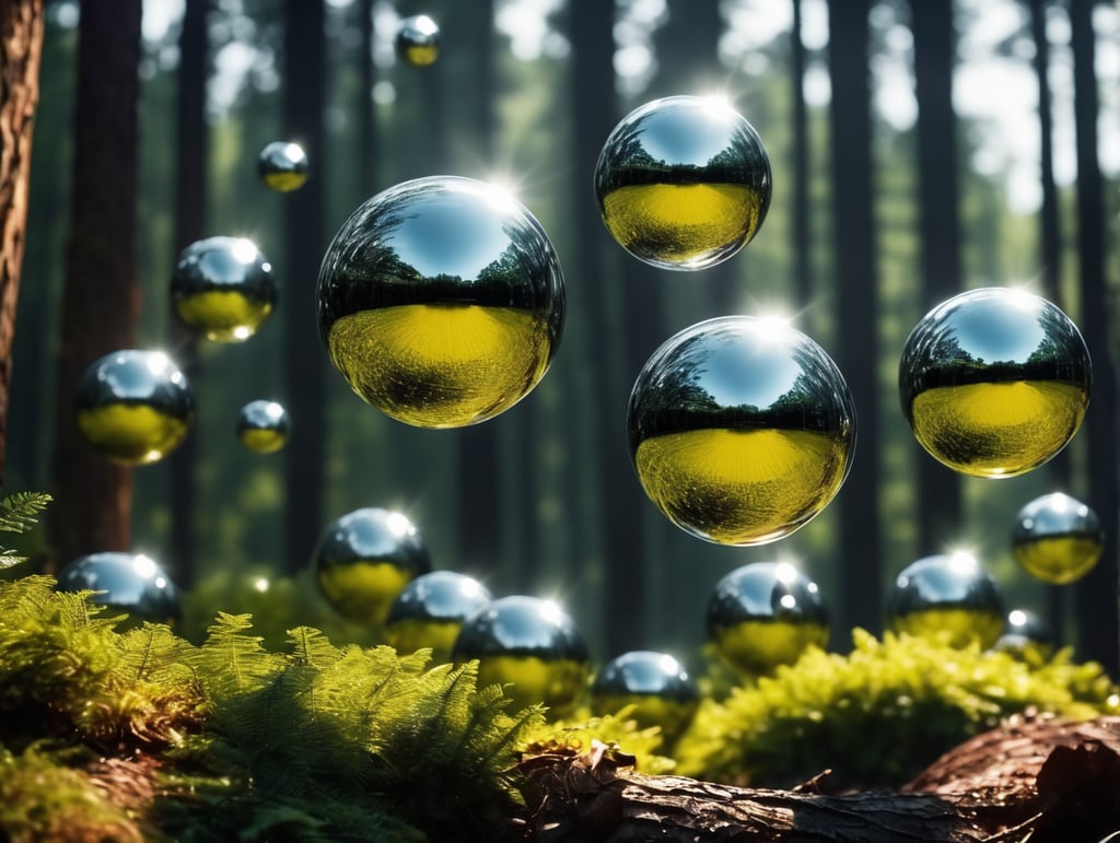 chrome round balls flying in the forest, no blur, sharp focus, cinematic lighting, epic scene