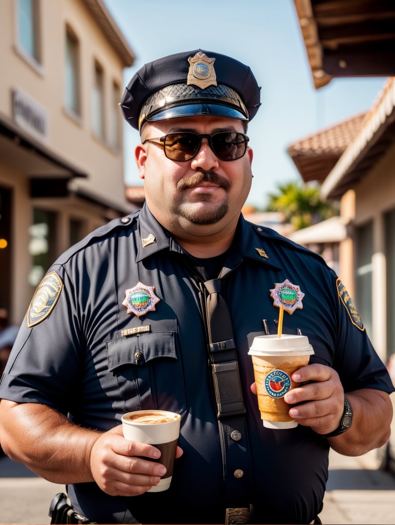 very fat cop with donut and cup of coffee, happy, sunglasses, image, portrait