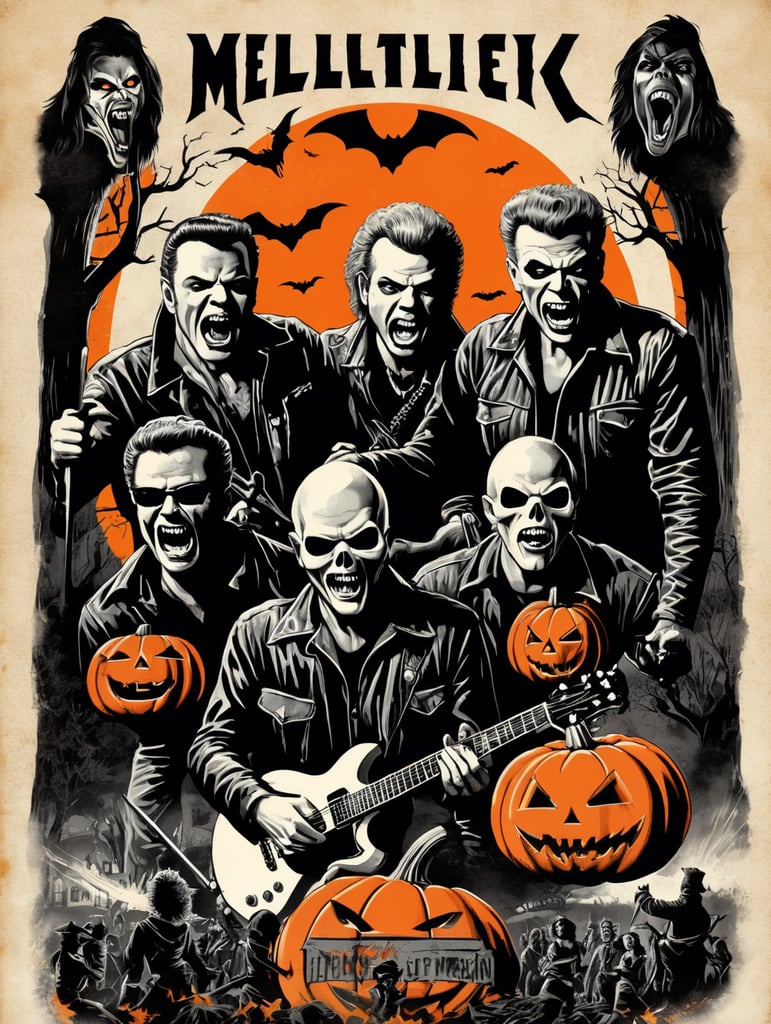 1950's b-movie horror halloween t-shirt print design featuring METALLICA ROCK BAND