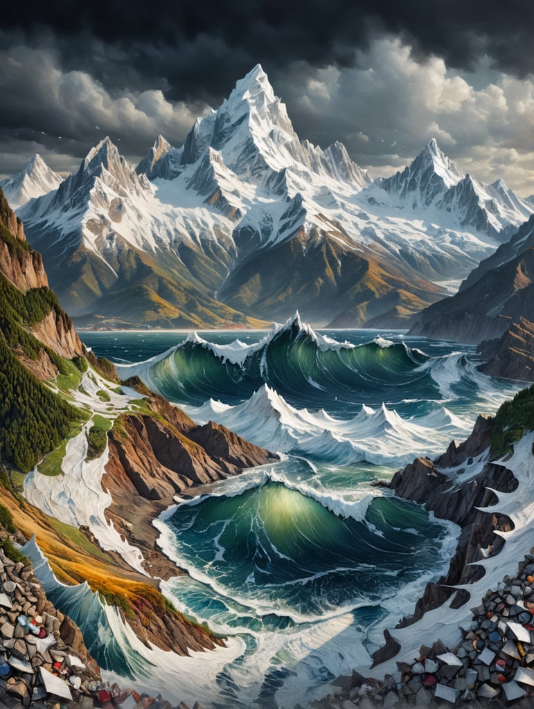 Коллаж из рваной бумаги. Морской пейзаж с заснеженными горами на горизонте.