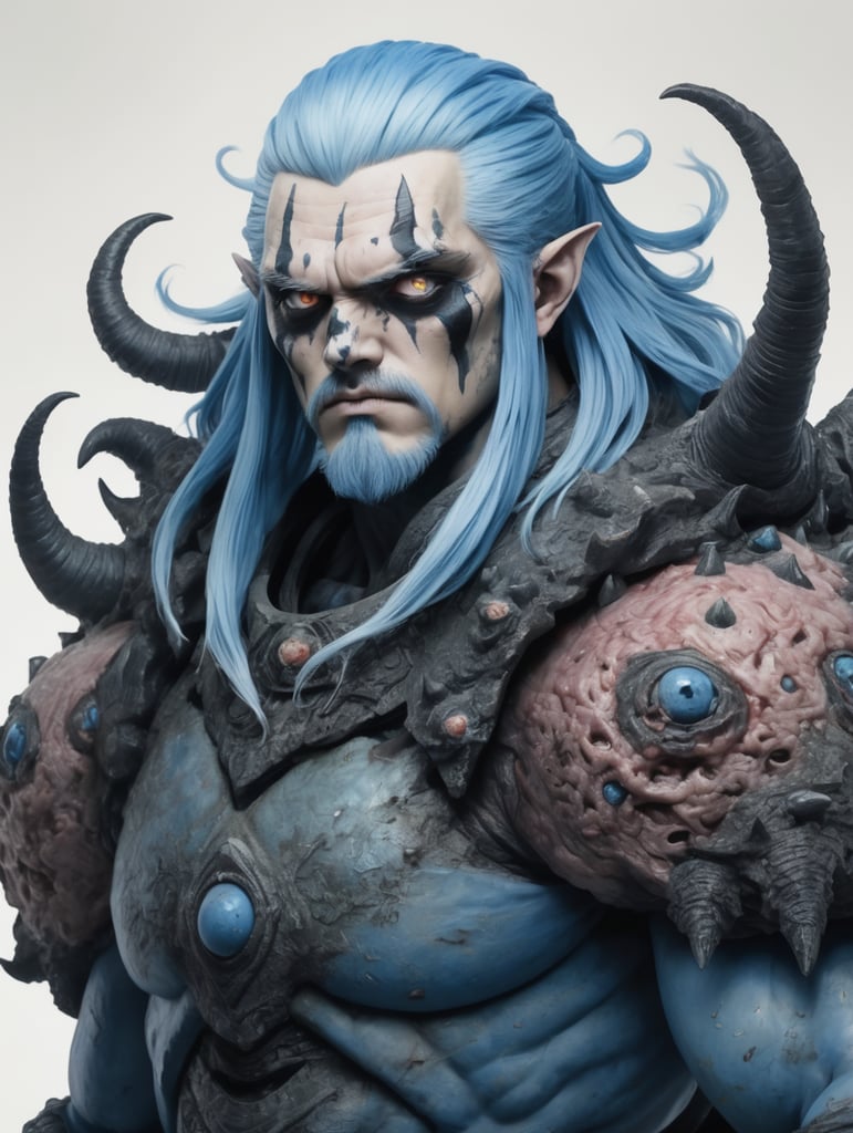 anime, a mound of flesh creature, with solid black eyes, and blue hair surrounding it.