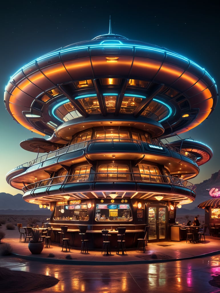 futuristic ufo cafe, desert, an night, neon, glass