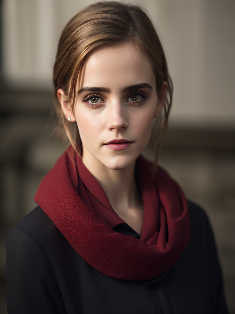 Portrait of Emma Watson wearing black blouse with red scarf, ultra realistic