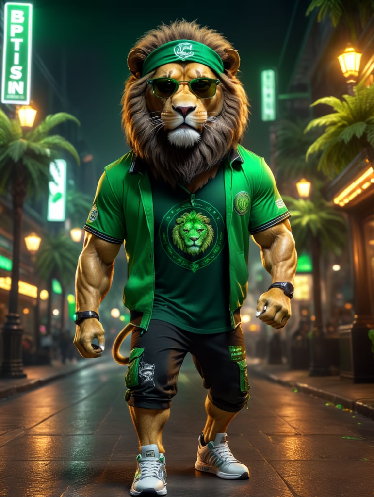 realistic lion, wearing green night life outfit and sneakers,8k, unreal engine render, full body wearing sunglasses and bandana