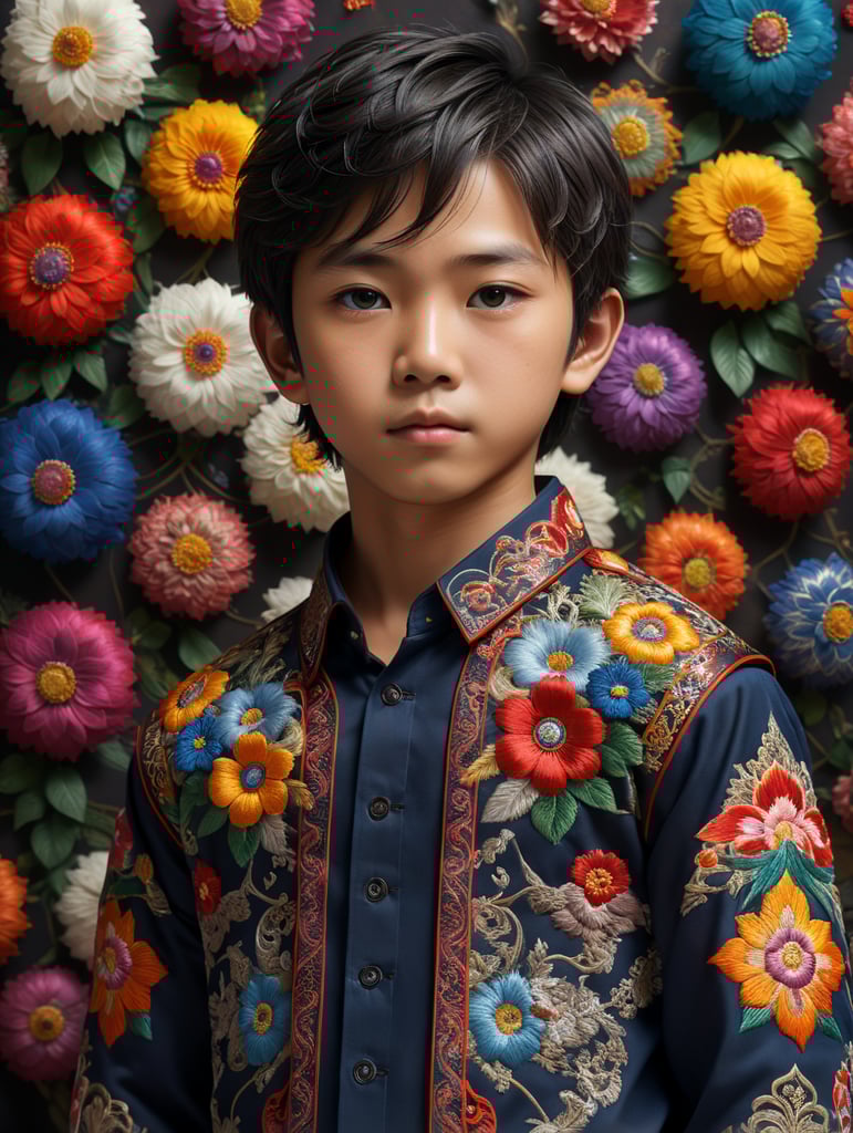 A young Japanese boy stands proudly in his traditional embroidered shirt, surrounded by vibrant colors and intricate patterns. The 8K Ultra HD resolution captures every detail of his outfit, from the delicate stitching to the rich textures. With the use of octane render, this 3D image comes to life in a stunning isometric view.