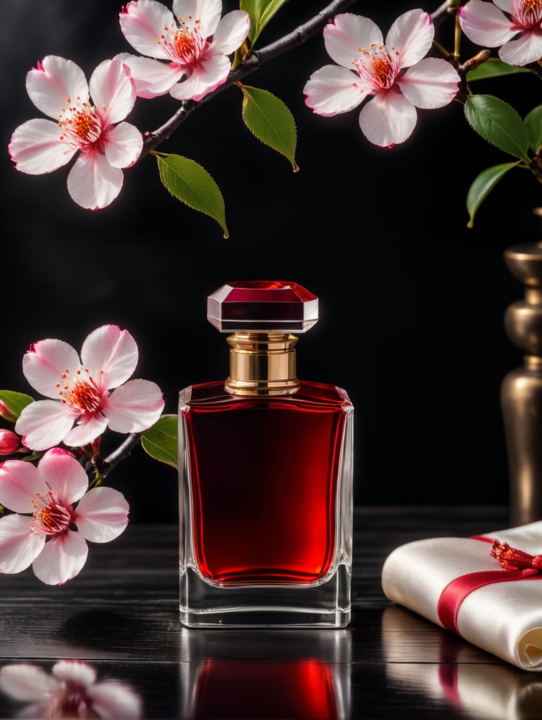 professional photography of a luxury perfume bottle on a black wooden desk, red satin scarf and sakura blossom in the background, no label, clear, mockup