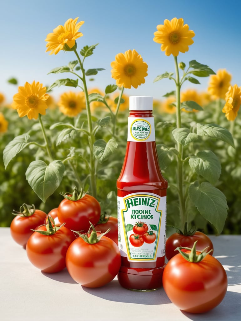 several red tomatoes stacked together forming a Heinz ketchup bottle with some leaves around it, beautiful tomato plantation in the background and a blue sky, short grass and yellow flower + yellow flowers + creamy light + ambient lighting + very beautiful colors