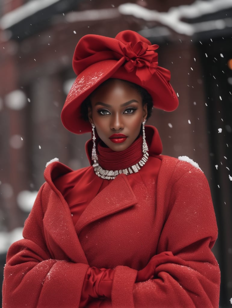 Dark skin model wearing a red designer outfit in the snow in New York.