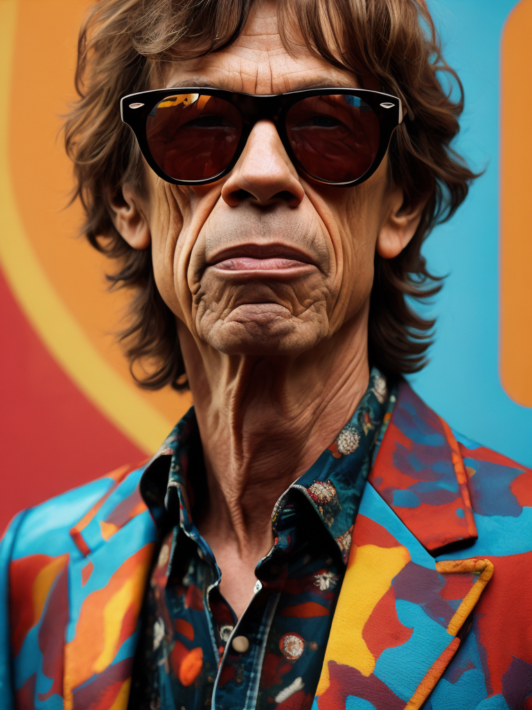 tilt shift photography of Mick Jagger wearing a brightly patterned jacket and wayfarer glasses, Vivid saturated colors, Contrast color