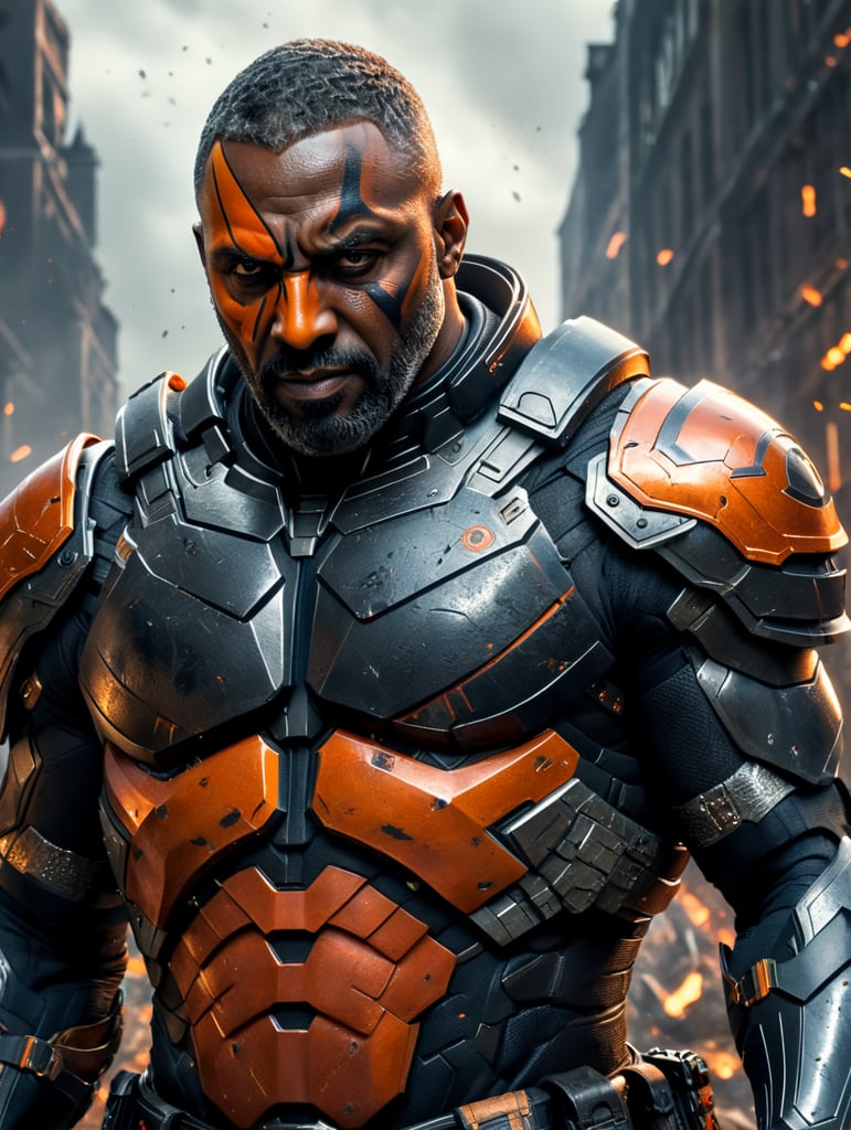 Idris Elba,in a deathstroke costume, tearing someone apart