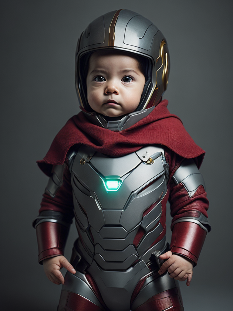 The adorable photo showcases a baby dressed in an iron man costume, capturing the essence of the iconic superhero. the little one is nestled comfortably in a red and gold onesie that mimics iron man's famous armor. the suit features meticulously crafted details, including the arc reactor on the chest and the intricate designs on the helmet. the baby's chubby cheeks and bright eyes give them an extra dose of cuteness as they gaze curiously at the camera, seemingly ready to take on the world.