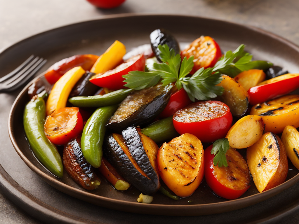 grilled vegetables on a clay plate. lots of light in a bright room