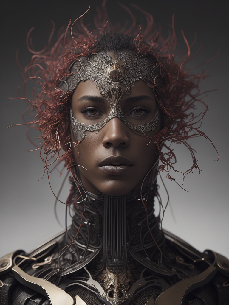 Complex 3d render ultra detailed of a beautiful death angel, biomechanical cyborg, analog, 150 mm lens, beautiful natural soft rim light, big leaves and stems, roots, fine foliage lace, colorful details, samourai, boris bidjan saberi outfit, pearl earring, piercing, art nouveau fashion embroidered, intricate details, mesh wire, mandelbrot fractal, anatomical, facial muscles, cable wires, microchip, badass, hyper realistic, ultra detailed, octane render, volumetric lighting, 8k post-production, red and white with a bit of black, detailled metalic bones, semi human, iridescent colors, glenn brown style,