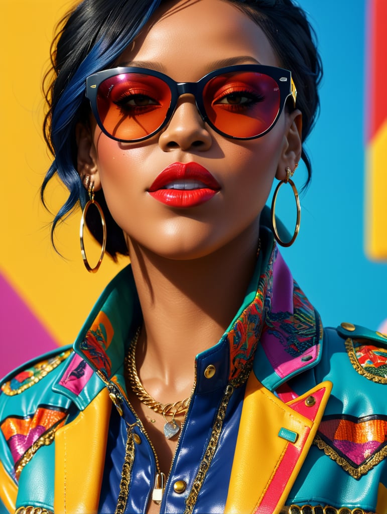 Rihanna wearing a brightly patterned jacket and wayfarer glasses, Vivid saturated colors, Contrast color