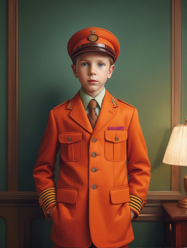 Portrait of child, Wes Anderson style, Incredibly high detail, Bright colors