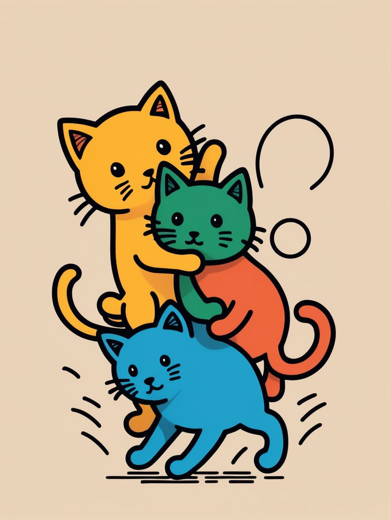 Simple figural illustration of a two kittens playing, solid color background, Keith Haring style graffiti, sharp illustrations, bold lines and solid colors, simple details, minimalism
