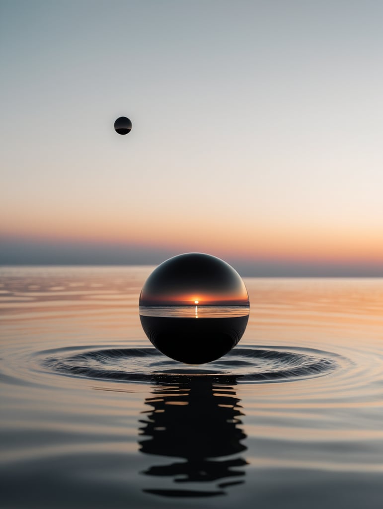 minimal, simple black sphere hover above water, just the horizon on the background