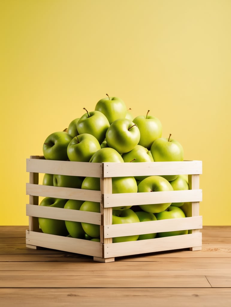 wooden crate with green apples, isolated, yellow background, mockup, mock up