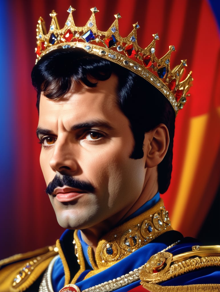 Portrait of Freddie Mercury wearing the Queen's crown, royal mantle, Vivid saturated colors, Contrast light, studio photo, professional photo, Detailed image, detailed face