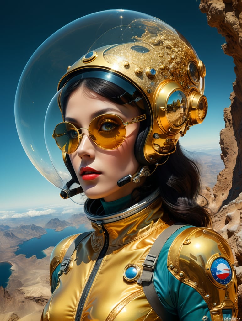 Photography on santorin planet, 60's gorgeous astronaut woman in an glitter transparent gold astronaut spacesuit wearing a large transparent plexiglass helmet glasses, 80 degree view, art by sergio lopez, natalie shau, james jean and salvador dali