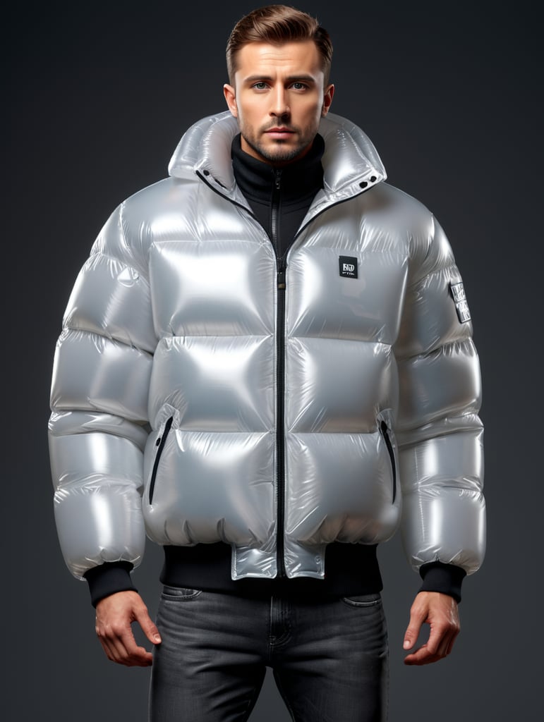 Inflatable white minimalist man's puffer jacket, transparent, isolated, grey background, mockup