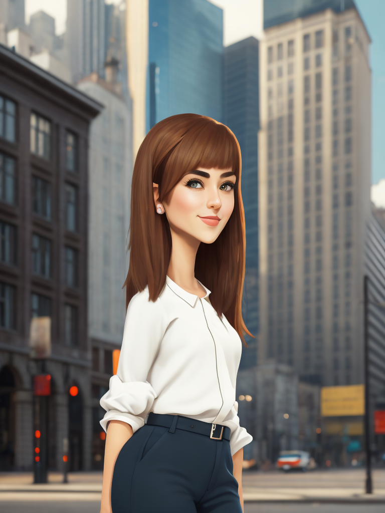 Cartoon character of a young woman from Ukraine who lives in big city wears modern casual clothes have short hear rendered in full front and side view