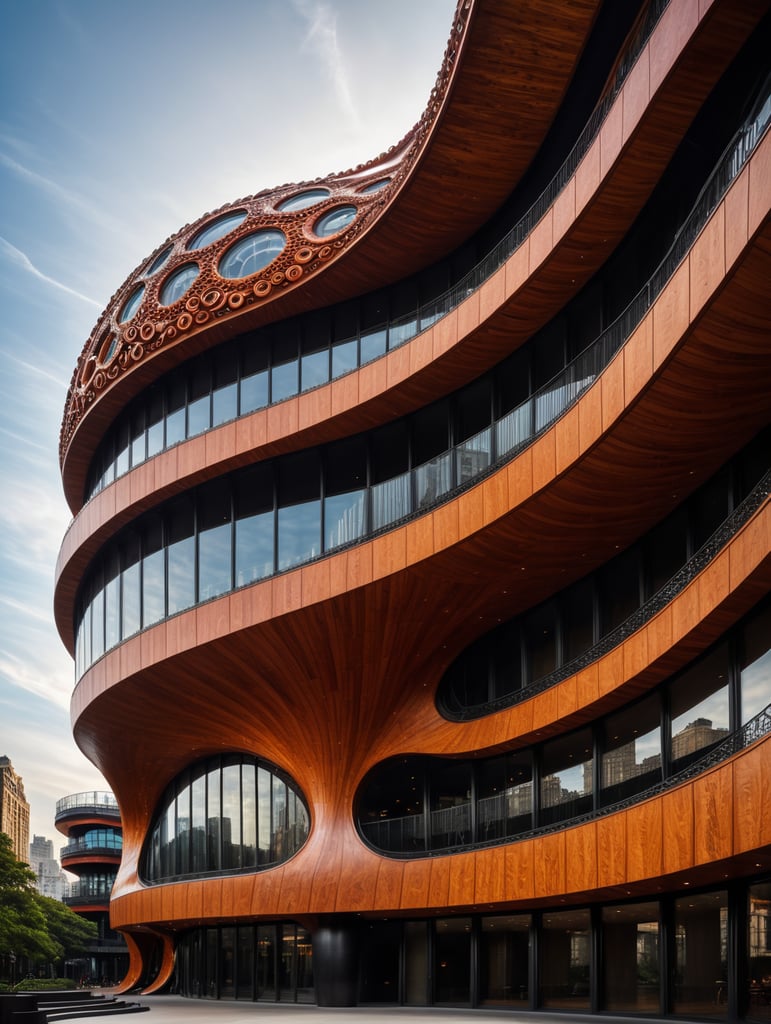 the craziest, bentwood, far view lens architectural modern style hyper realistic hyper detailed neocosmic exterior architecture design of a octopus Fluid complex facade, geometric shapes spectrum, black::1 red:3, Antoine Blanchard architecture art style, in new York city, dramatic ambient, natural lighting