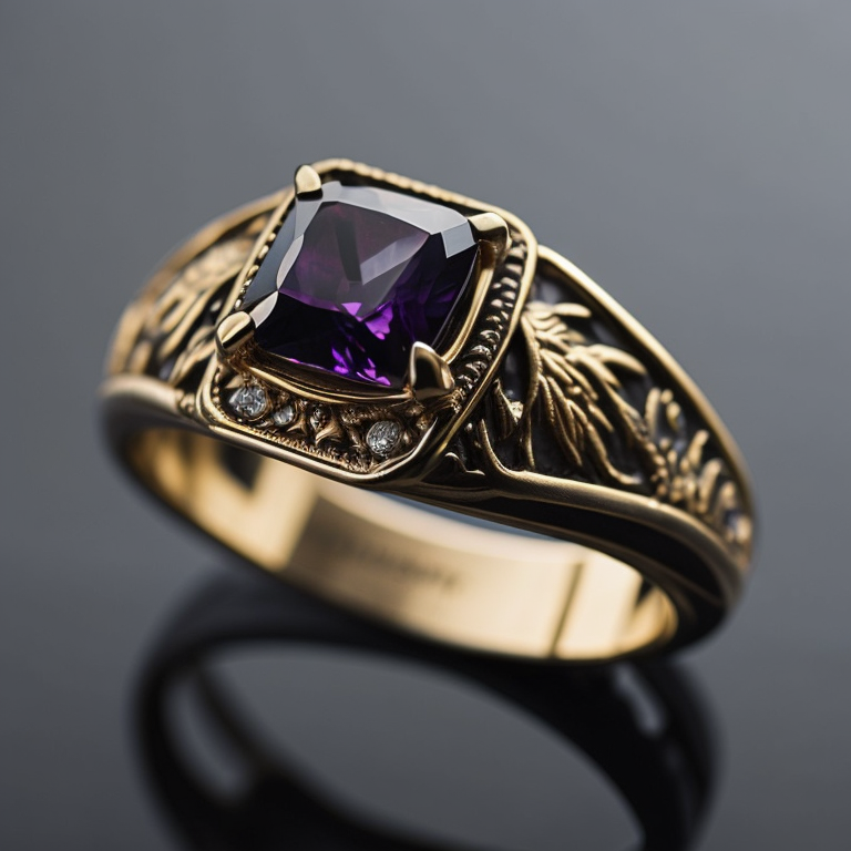 Золотое кольцо с руандийским аметистом в готическом стиле, отделка мелкими черными бриллиантами