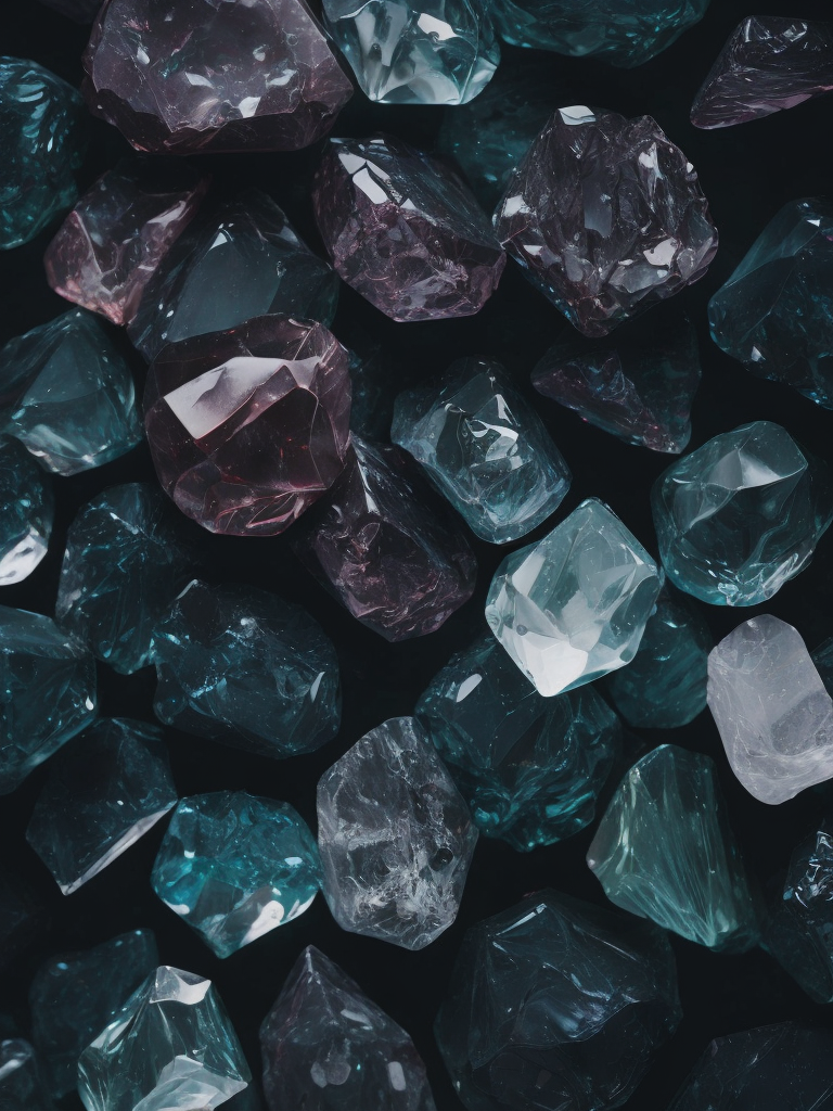 Crystal texture, pattern, background, top view, organic texture, seamless texture, scattered crystals, deep colors, contrast lighting, volumetric crystals, crystals stacked on top of each other, closely stacked crystals, knolling, flat lay, gems, crystals