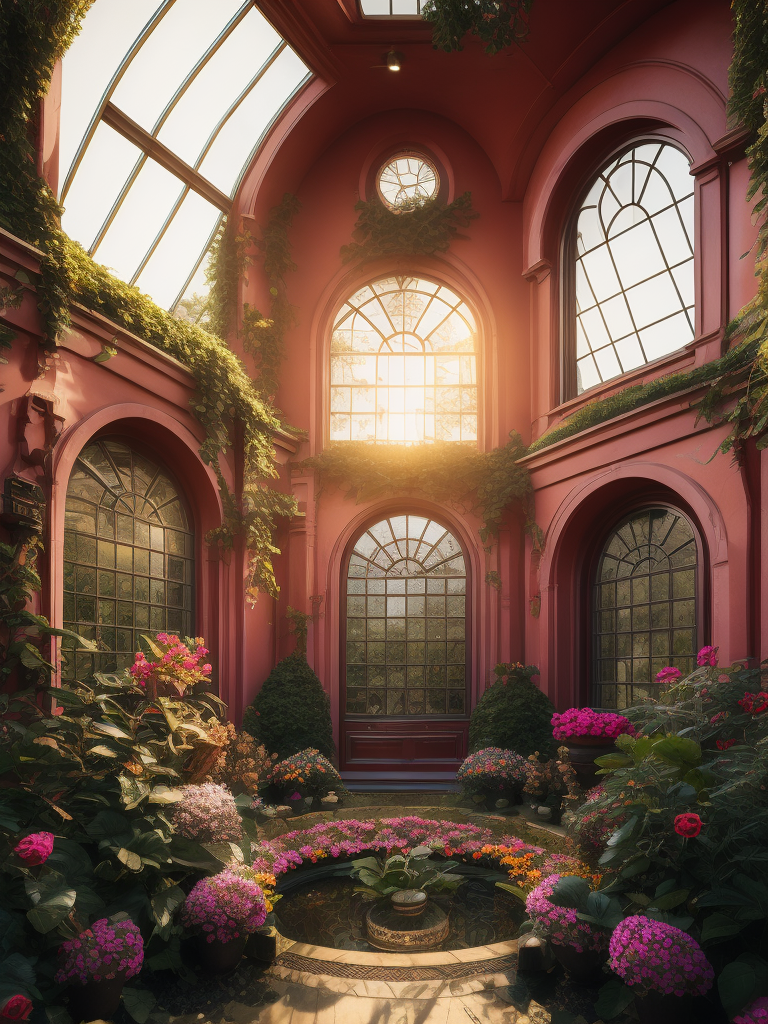 Architectural photo of a maximalist pink solar green house interior with lots of flowers and plants, golden light, hyperrealistic surrealism, award winning masterpiece with incredible details, epic stunning pink surrounding and round corners, big windows, art space, green house walls and celling