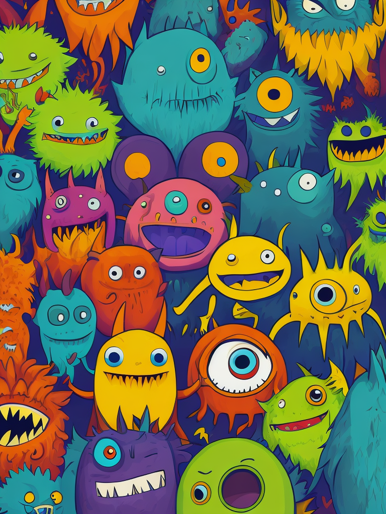 Many monsters, doodle art style, colorful, funny