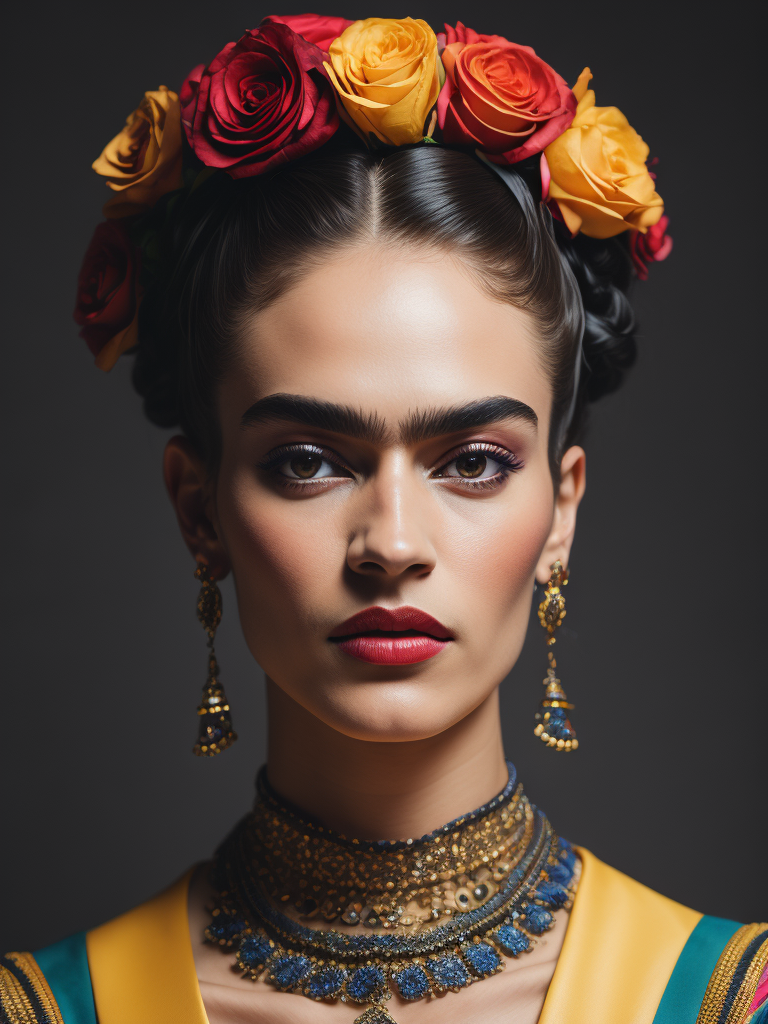 Portrait of Frida kahlo, bright and saturated colors, elegant, highly detailed, vogue, fashion magazine, sharp focus, Bright expressive makeup, Dramatic Lighting, Depth of field, Incredibly high detailed, blurred background