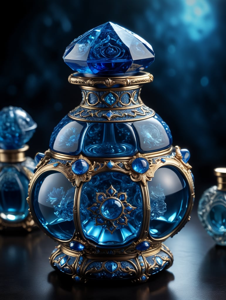 in the image blue perfume bottle in the shape of an asteroid