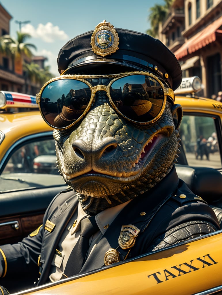 Alligator police officer, sitting behind the wheel of a taxi, close-up shot, sunglasses, clipart, stock photo