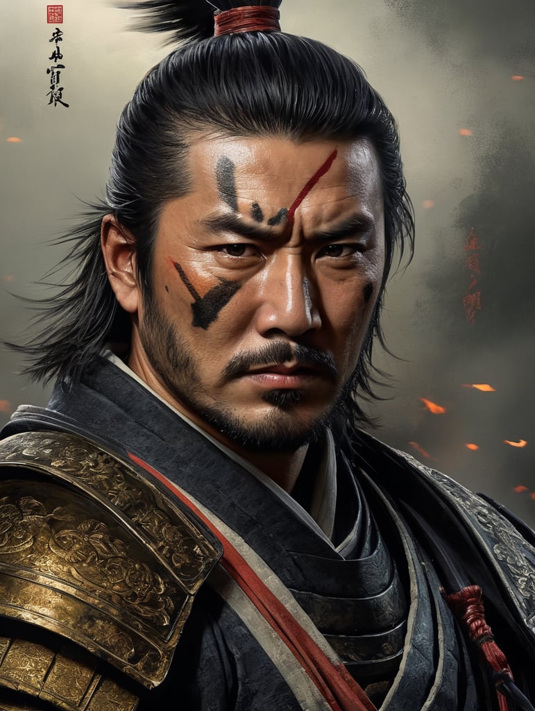 Portrait of a Samurai with a scar on his face, a very serious expression, classic Japanese painting style