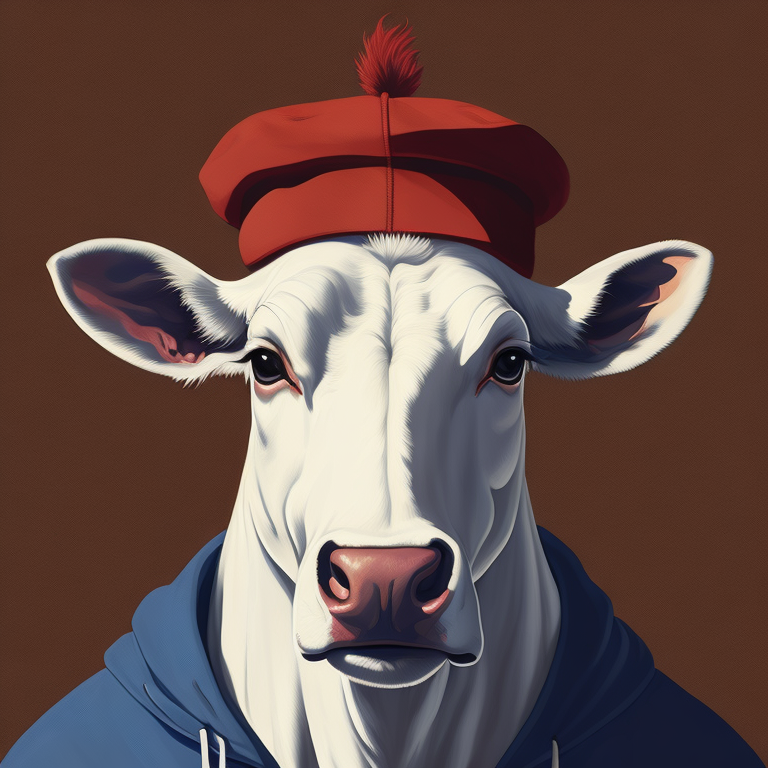 white cow ,smile tooth,portrait, blue hoodie, red hat, vintage, photorealistic illustration, vector, flat, isolated on white background, Painting, Oil, Still Life, Botanical, Italy, style of Giuseppe Arcimboldo