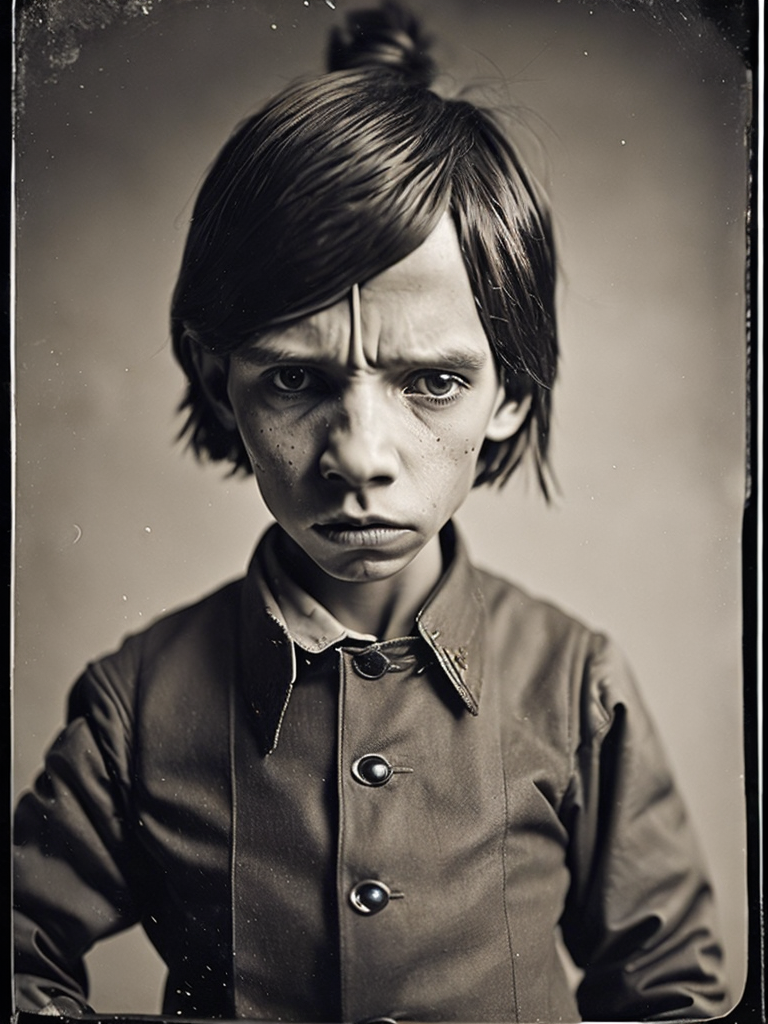 a wet plate photograph of a scary wooden Pinocchio with very long wooden nose and dark bob haircut, neutral emotions on his face