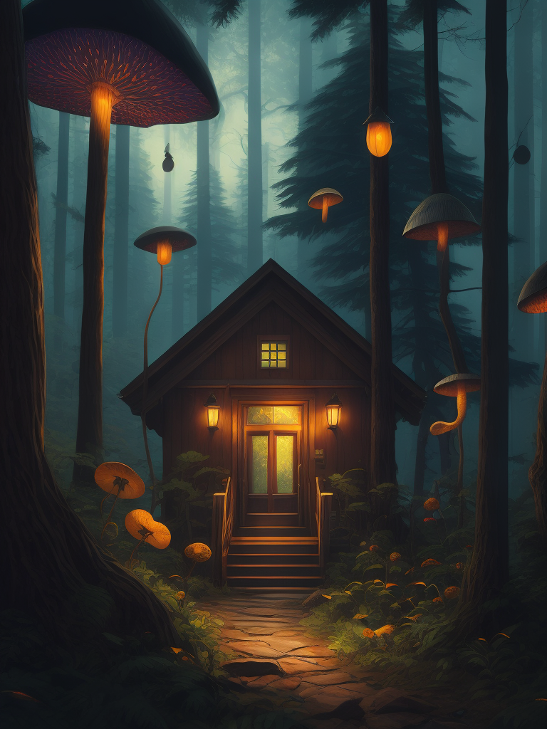 The house in the forest, dark night, leaves in the air, fluorescent mushrooms, animals, gibli, atey ghailan, lois van baarle, jesper ejsing, ernst haeckel, pop art patterns, exquisite lighting, clear focus, very coherent, very detailed, contrast, vibrant, digital painting