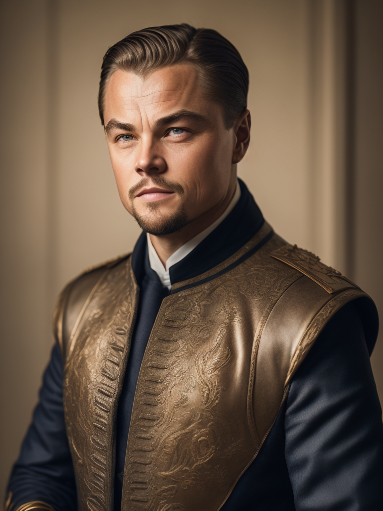 Portrait of Leonardo DiCaprio as a 17th century ship captain, Detailed uniform, Brass buttons, gradient background, contrasting light, detailed face, muted tones