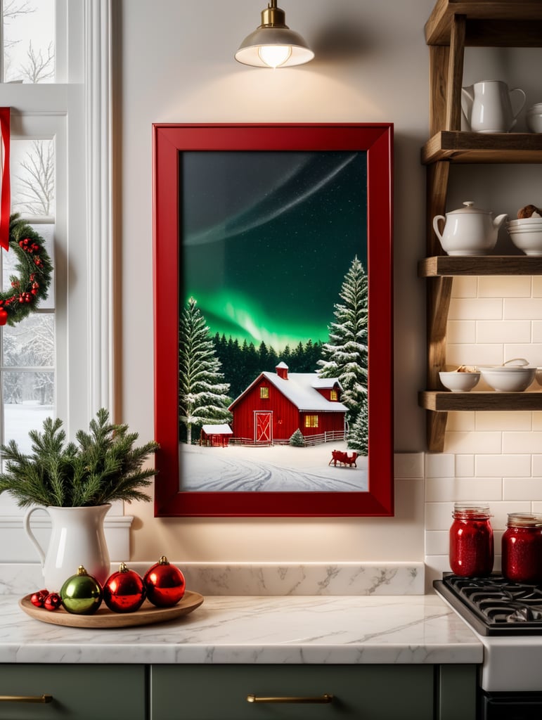 vertical picture frame mockup, cozy farmhouse kitchen, christmas decoration, red, white, green, christmas lights