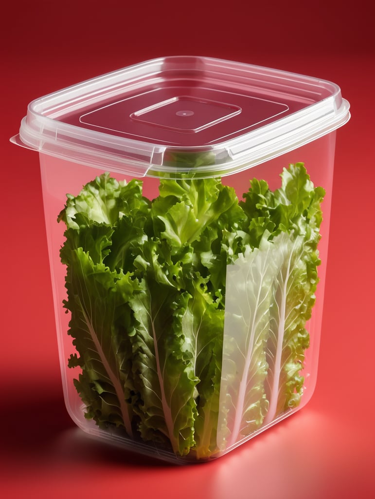 blank Transparent Plastic Container with lettuce Salad, isolated, red background, Mockup, mock up